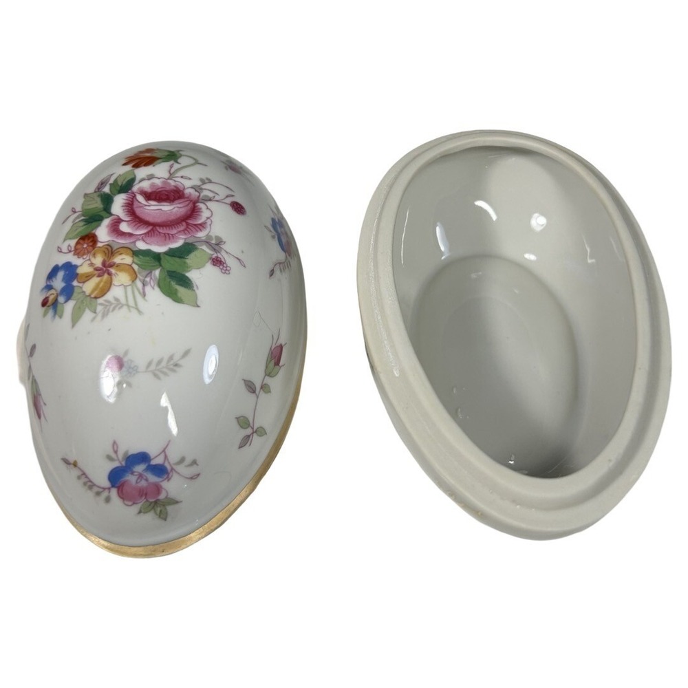 Vintage Porcelain Egg Shaped Trinket Box Candy Dish Floral Gold Trim - Picture 5 of 11